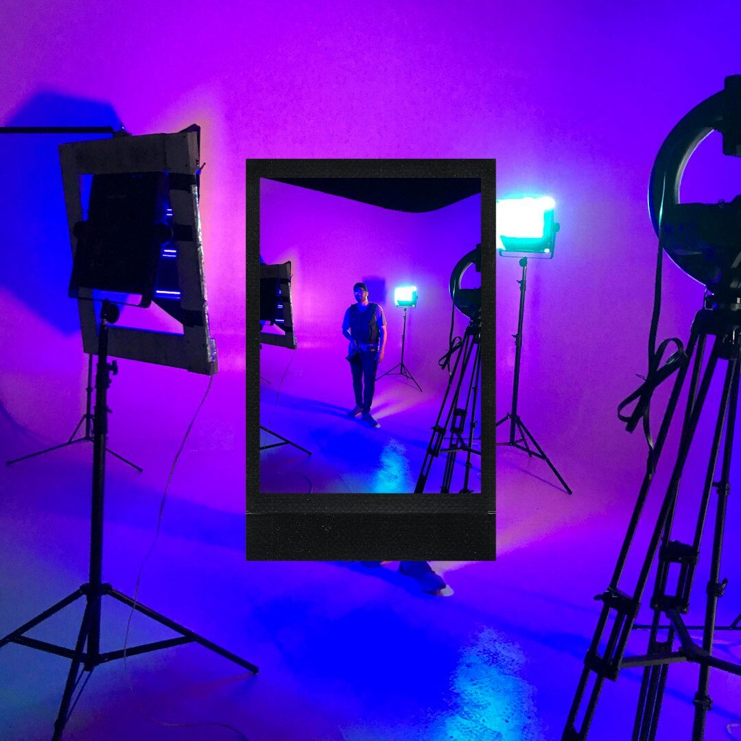 Wide shot of an empty television studio set with lighting rig
