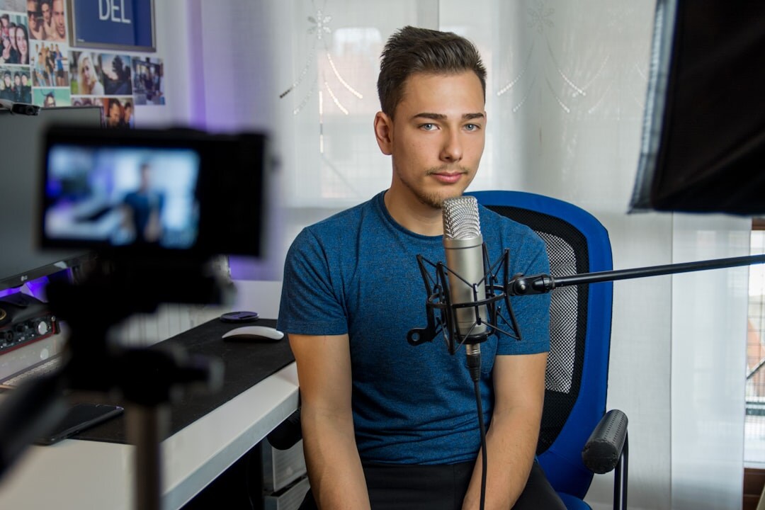 Host presenting in front of a camera during a live broadcast
